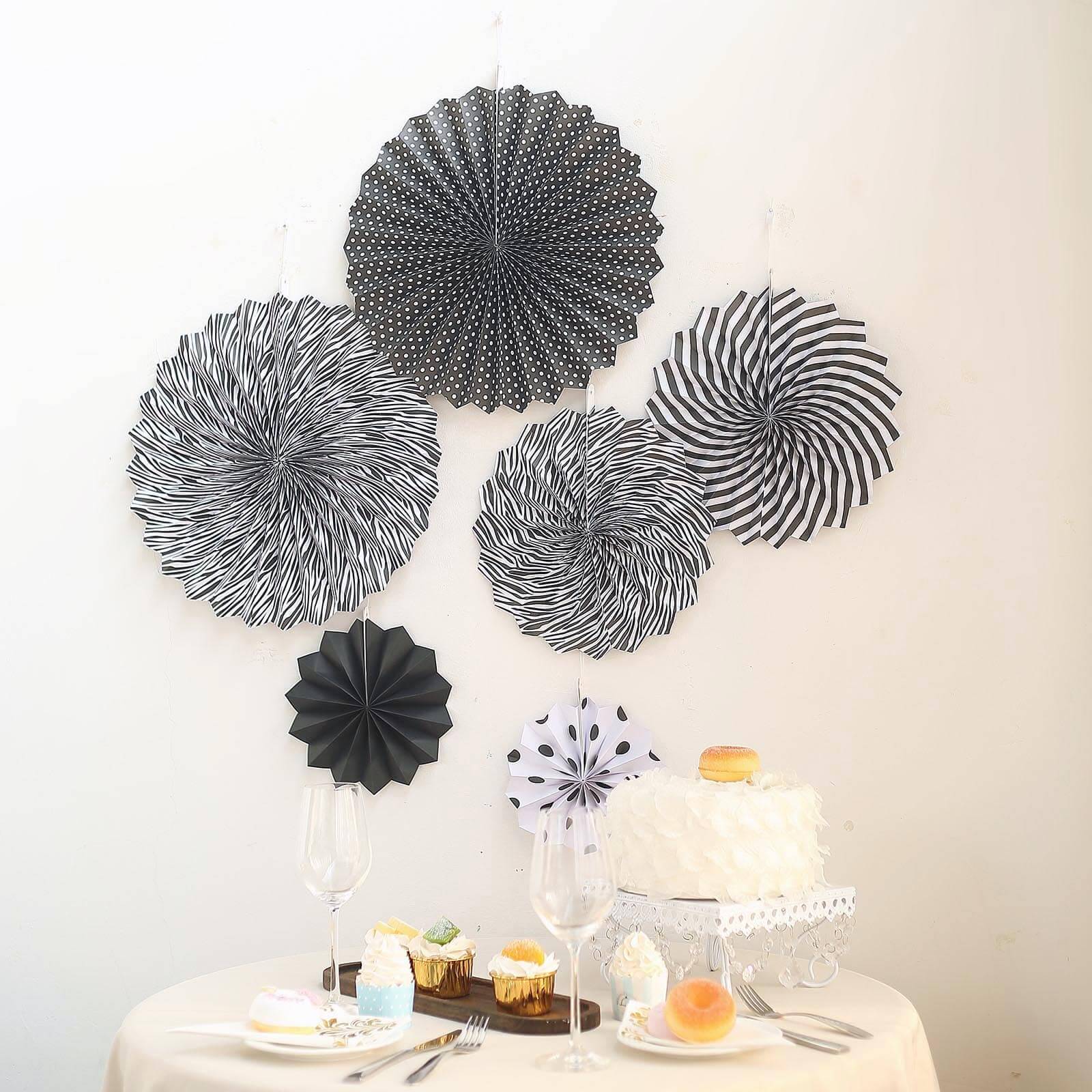 Set of 6 Black White Hanging Paper Fan Decorations, Pinwheel Wall Backdrop Party Kit - 8, 12, 16