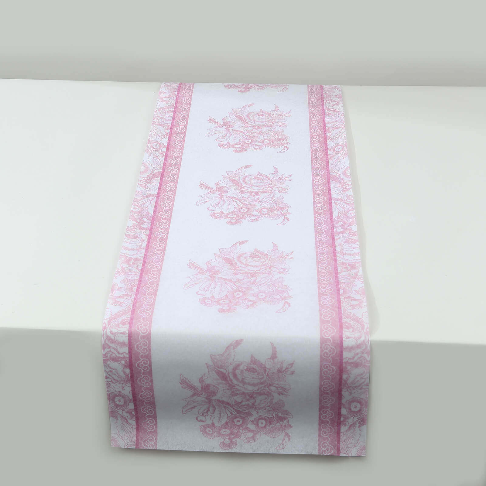 5 Pack Disposable Table Runners 11x108 White with Pink Floral Pattern - Non-woven Stylish Kitchen Dining Table Decor