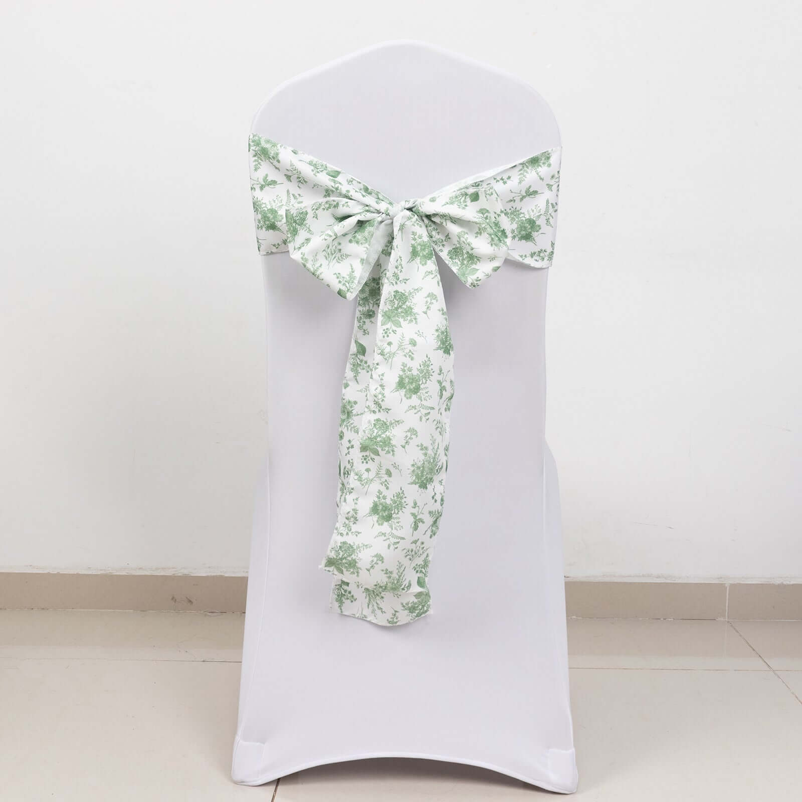 5 Pack Polyester Chair Sashes Dusty Sage Green French Toile Floral Design - Stylish Durable and Reusable Chair Bows 6x108