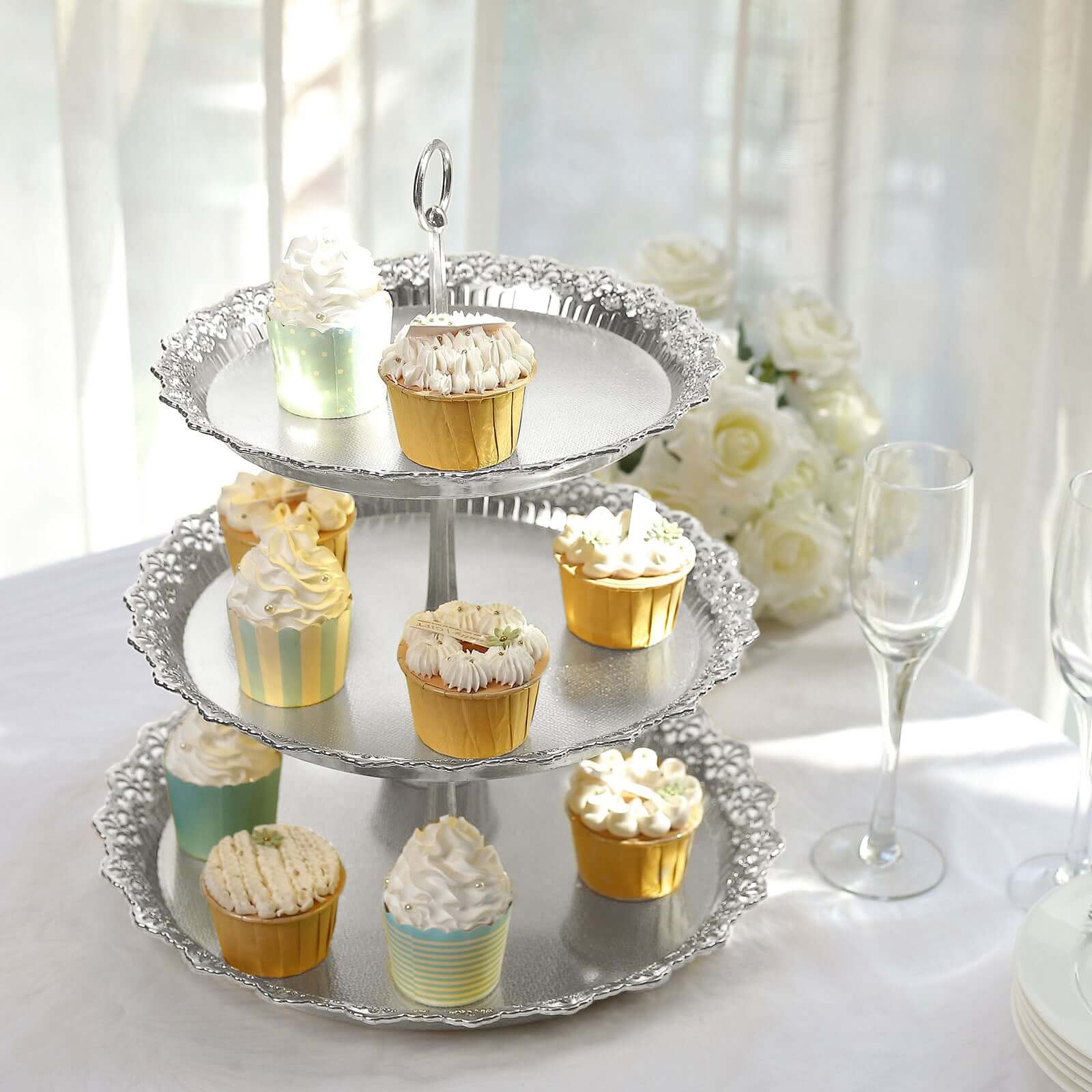 3-Tier Plastic Round Cupcake Stand 15 Metallic Silver with Lace Scalloped Edges - Multifunctional Space Saving Dessert Display Tower Pastry Serving Tray for Classy Events