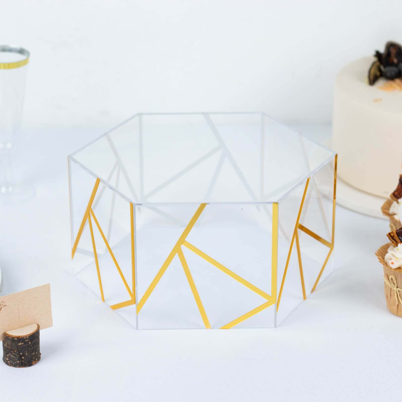 Acrylic Cake Stand Pedestal Riser Box Hexagonal Design Clear and Gold 10x5 - Decorative Event Display