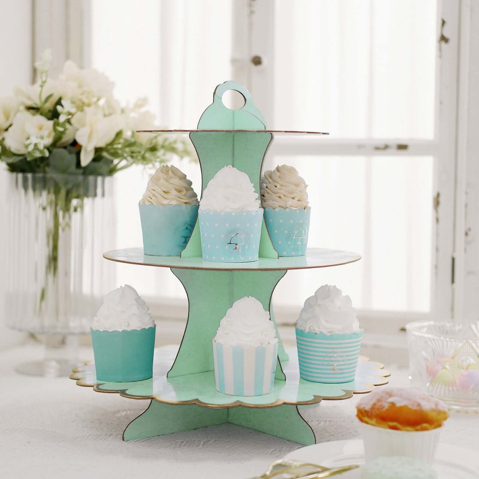 3-Tier Cardboard Cupcake Stand Mint - Sturdy & Collapsible Dessert Treat Tower with Gold Scalloped Rim for Baby Shower Wedding & Party Decor 13