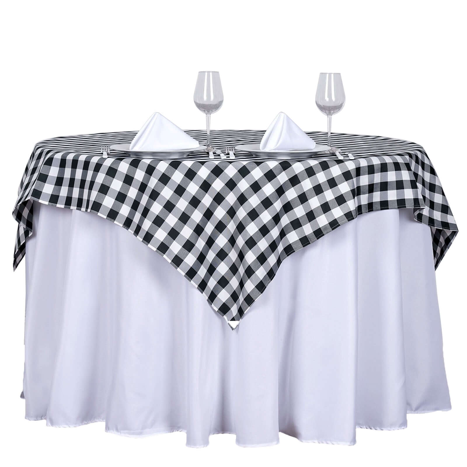 Polyester 54x54 Table Overlay Square Tablecloth White/Black - Checkered Buffalo Plaid Design for Casual Table Settings