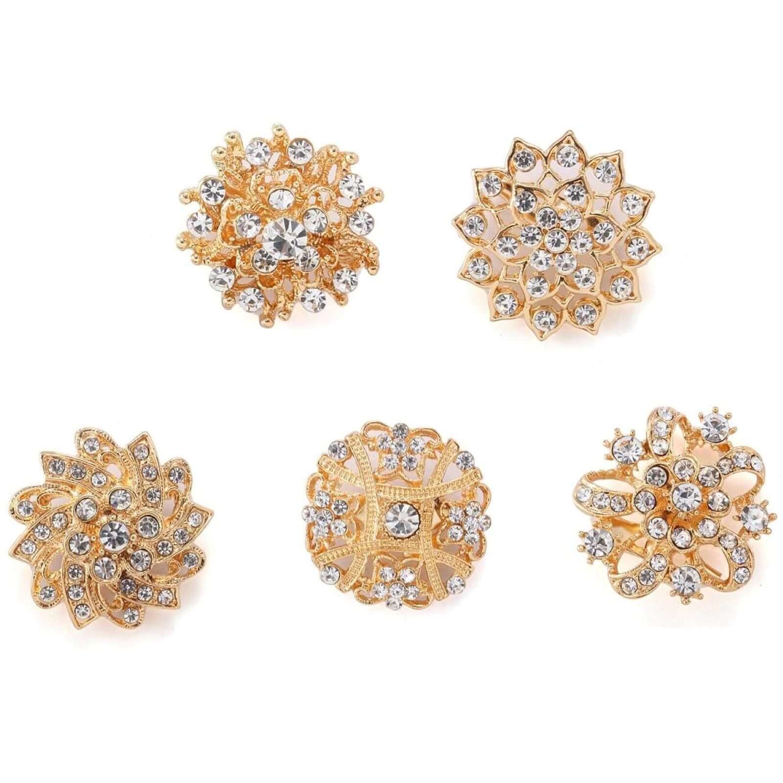 5 Pack Rhinestone Brooches Gold Plated with Mandala Crystal - Gleaming Floral Sash Pins for Wedding Bouquets & Events