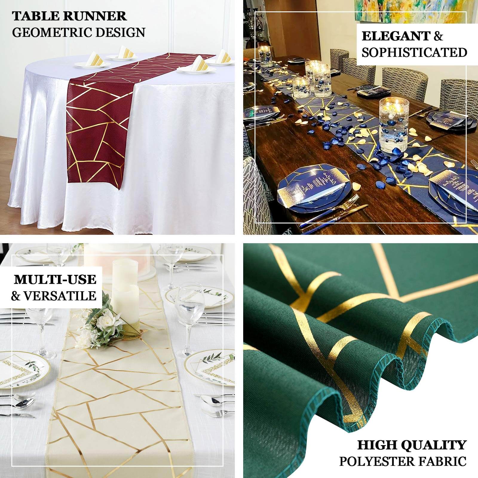 Polyester 9ft Table Runner White with Gold Foil Geometric Pattern - Modern & Stylish Table Decor