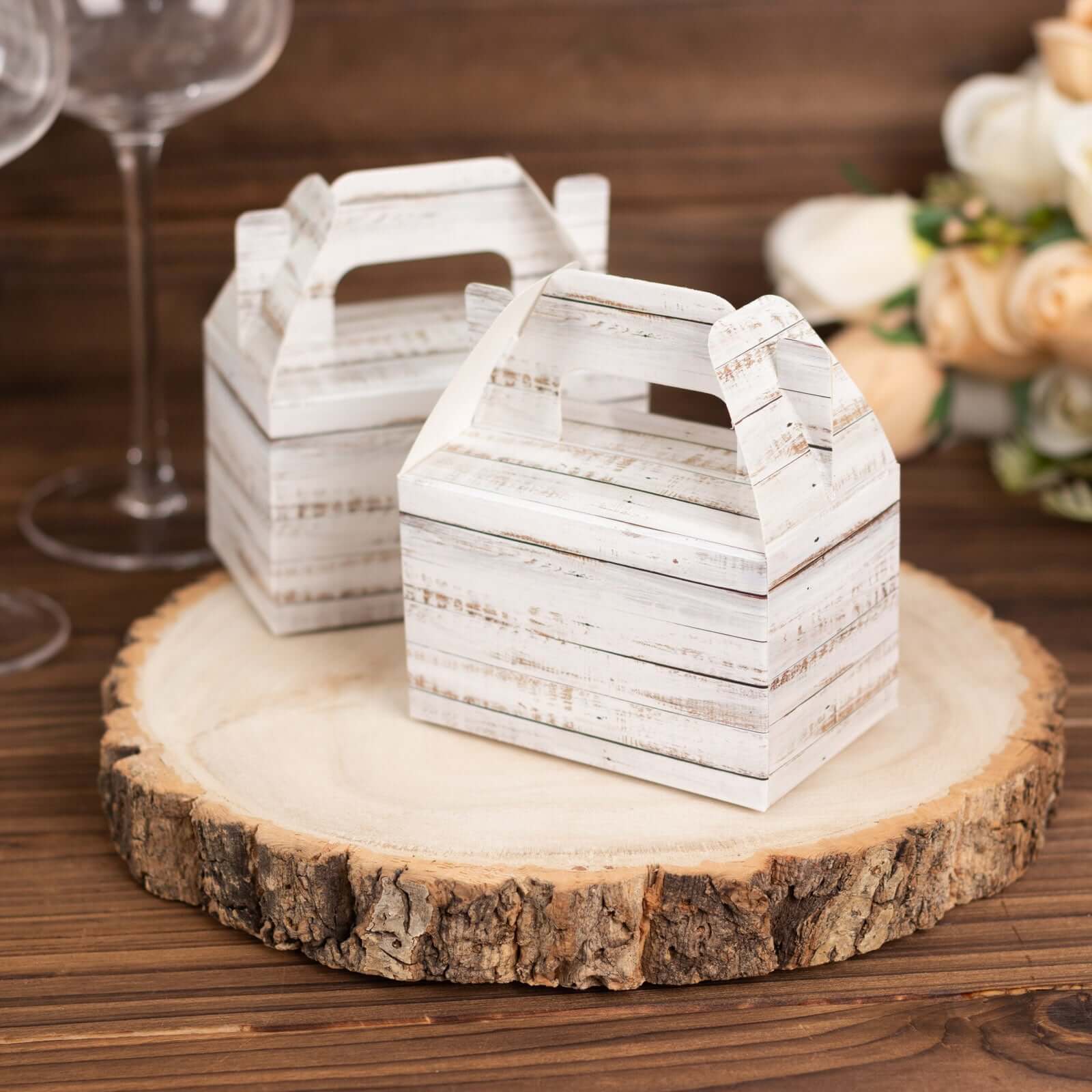 25 Pack Rustic White Candy Gift Tote Gable Boxes With Wood Plank Pattern, Party Favor Treat Boxes - 4x2.5x4.5