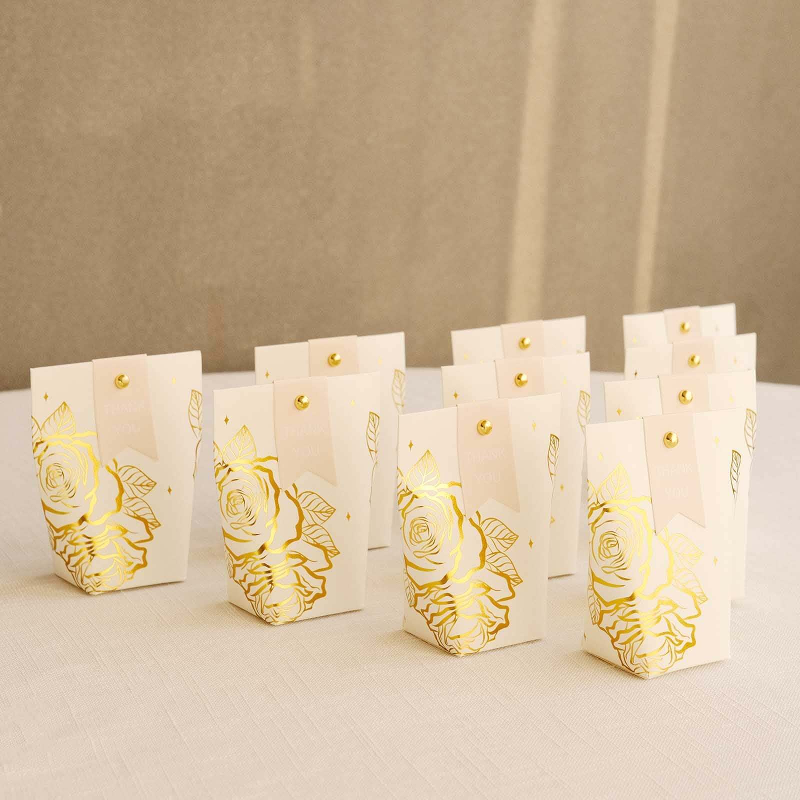 25 Pack White Paper Pouch Candy Gift Bags With Gold Rose Flower Print, Party Favor Boxes with Pin and Tags - 4.5x4