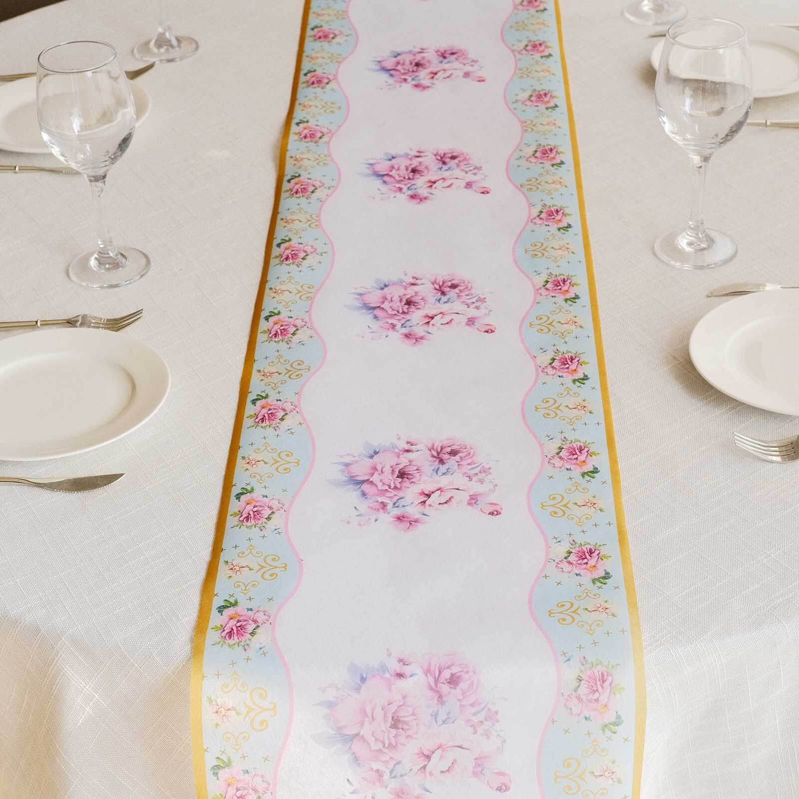 Disposable Table Runner 11x108 White with Pink Peony Floral Print - Non-woven Stylish Spring Summer Dining Decor