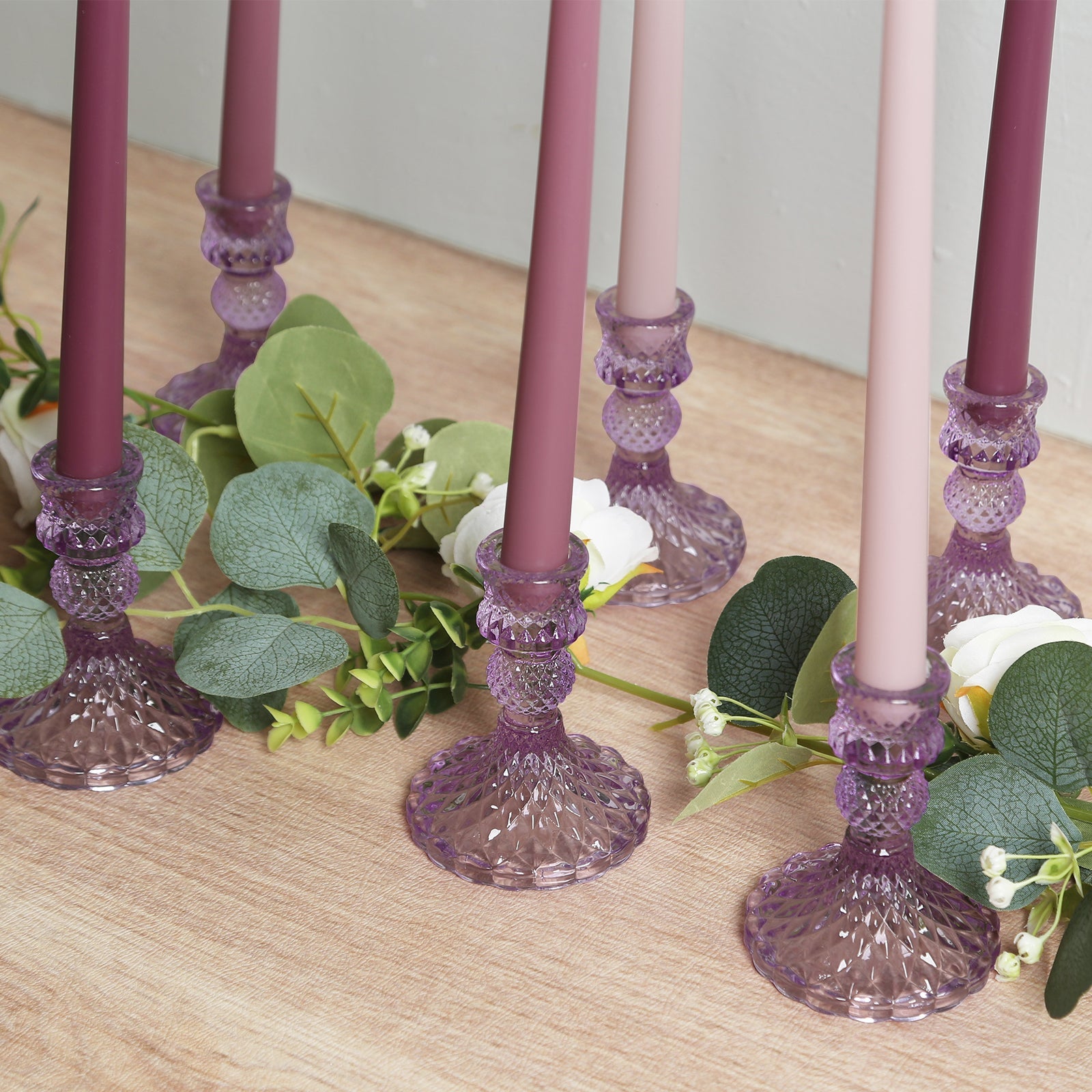 6-Pack Glass Taper Candlestick Holders Diamond Pattern Design Lavender Lilac - Reversible Crystal Pillar Votive Stands 4