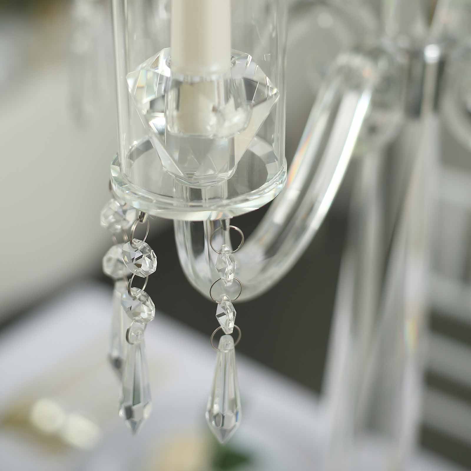 4 Arm Crystal Glass Taper Candle Holder Candelabra, Decorative Table Centerpiece With Chandelier Chains 36