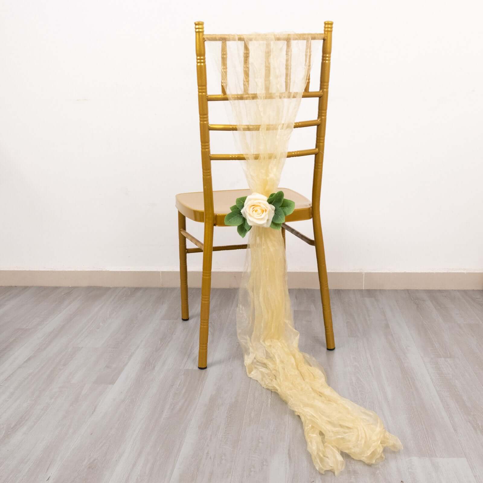 5 Pack Crinkled Organza Chair Sashes Champagne with Shimmer Chiffon Layers - Stylish Sheer Decor