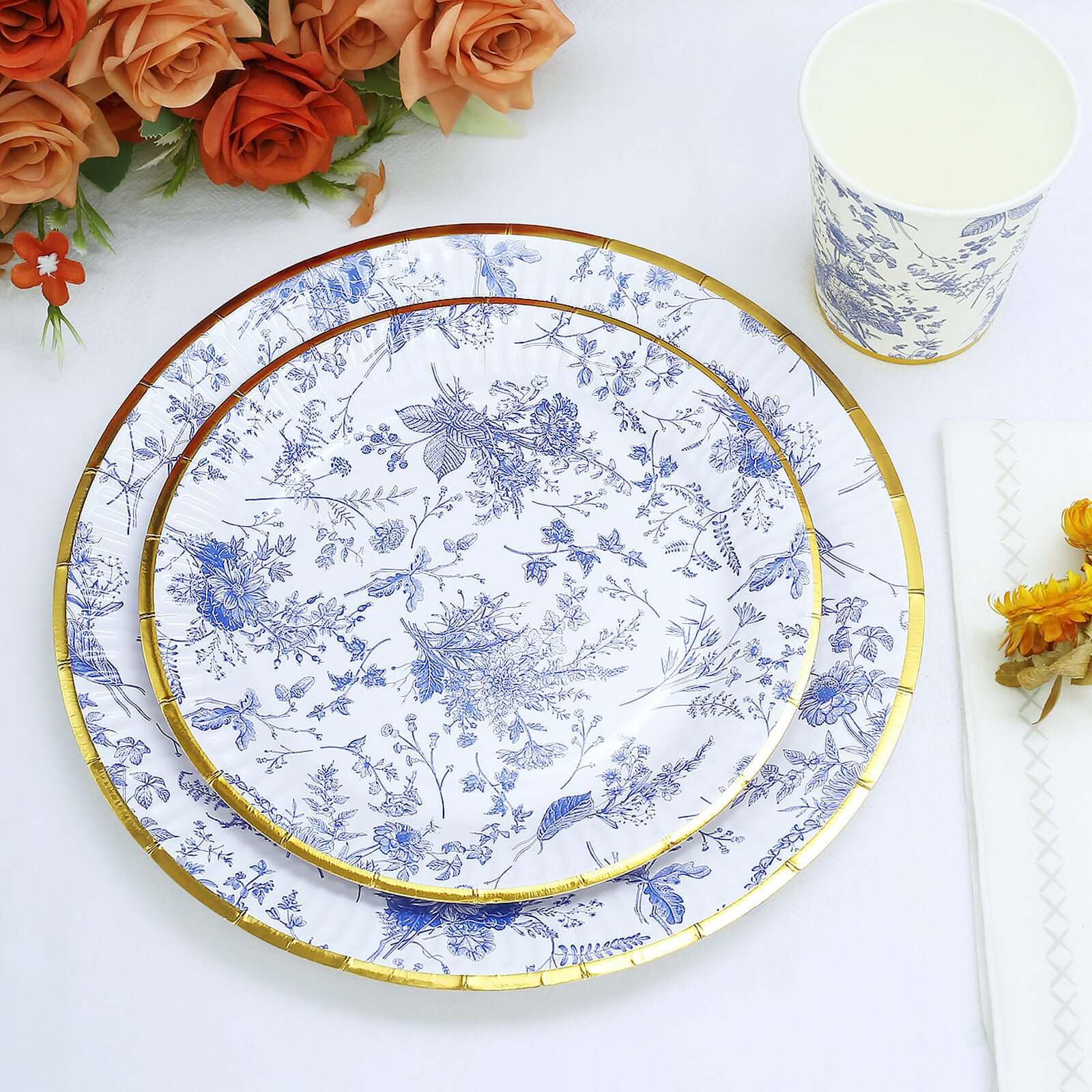 25-Pack Paper 7 Round Dessert Plates in White with Light Blue French Toile Pattern & Gold Rim - Disposable Salad Appetizer Plates for Luncheons & Garden Themes