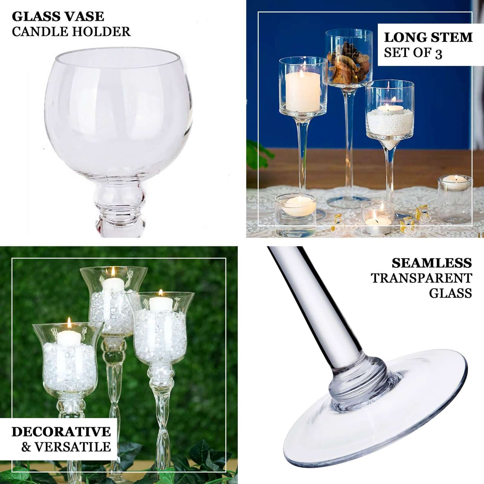 Set of 3 Glass Cylinder Vases Long Stem Clear - Decorative Candle Holder Floral Centerpieces 12, 14, 16