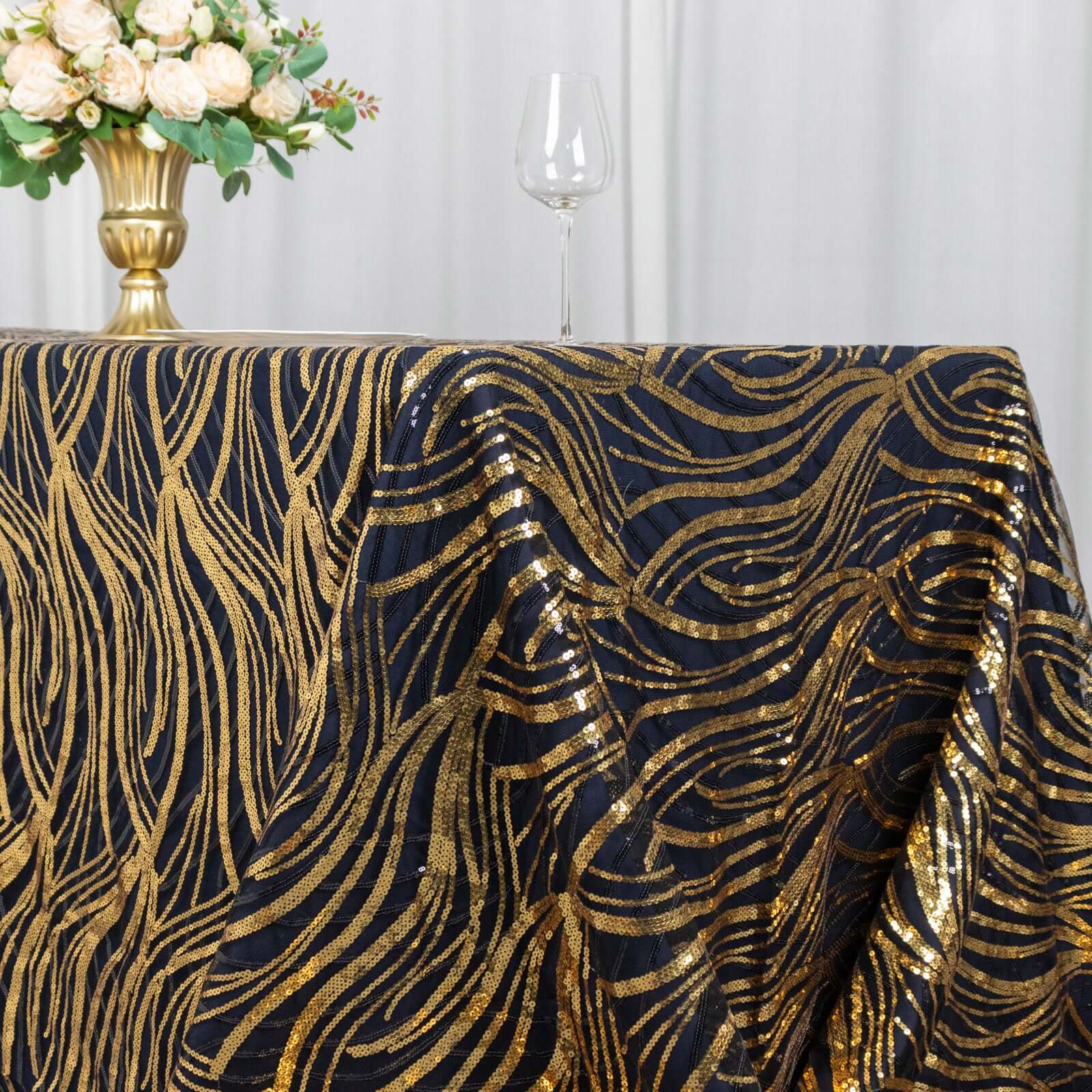 Mesh 90x156 Rectangle Tablecloth Black/Gold - Wave Sequin Embroidered Table Cover