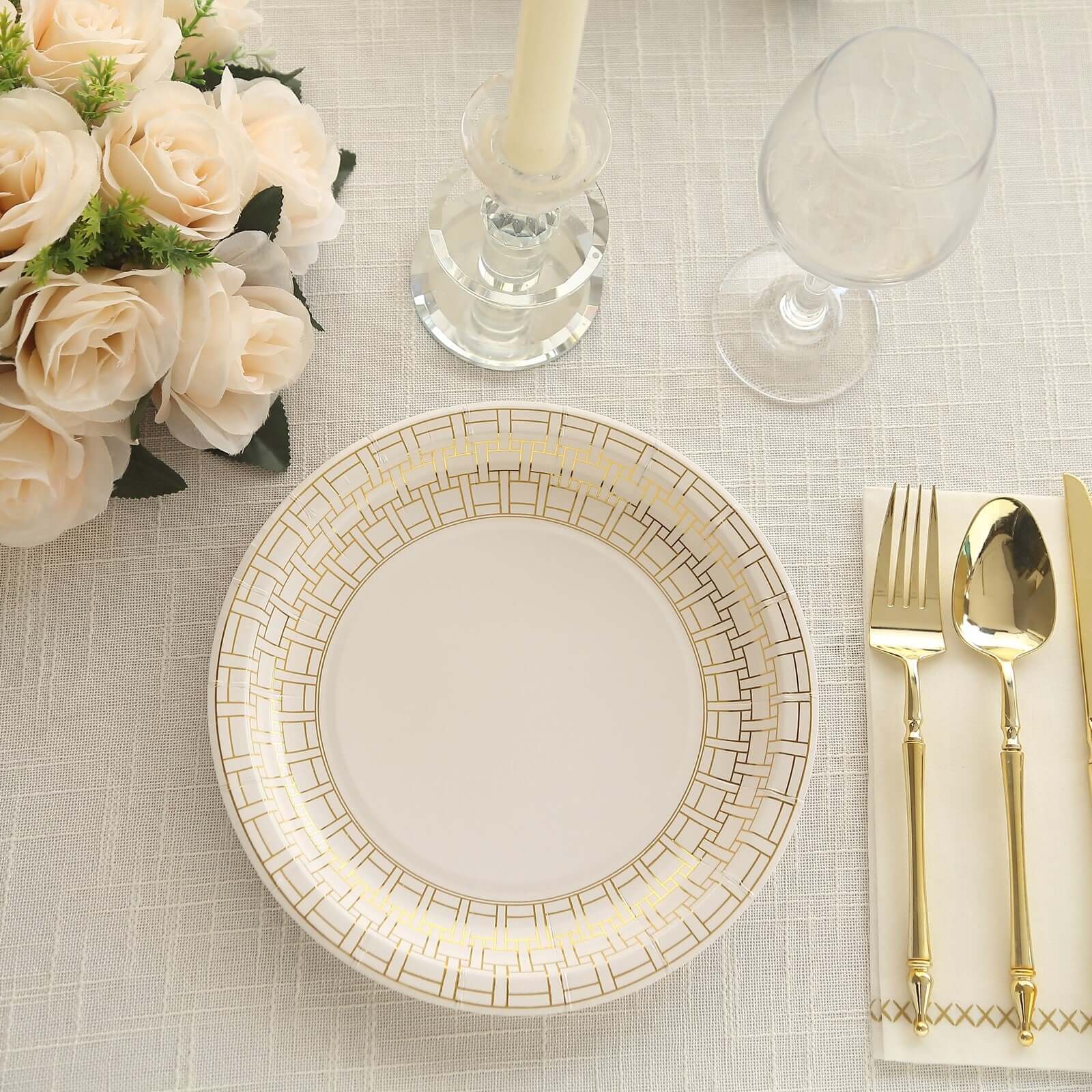 25-Pack Paper 9 Round Dinner Plates in White with Gold Basketweave Rim - Disposable Party Plates for Stylish Soirées & Festive Brunches