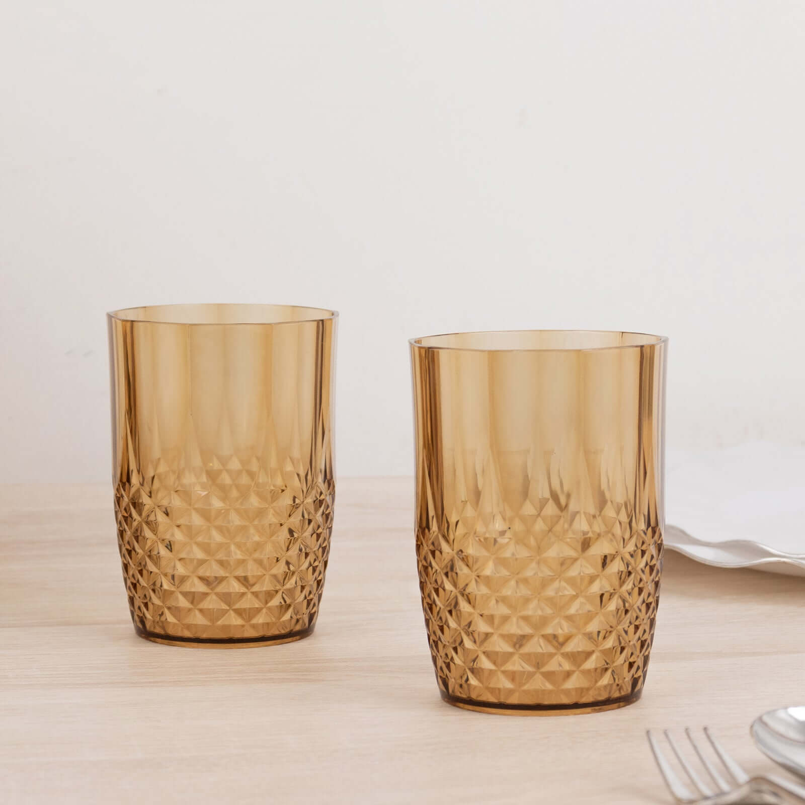 6-Pack Plastic Short Tumblers Amber Gold Transparent Crystal Cut Style - Reusable All-Purpose Glasses 16oz