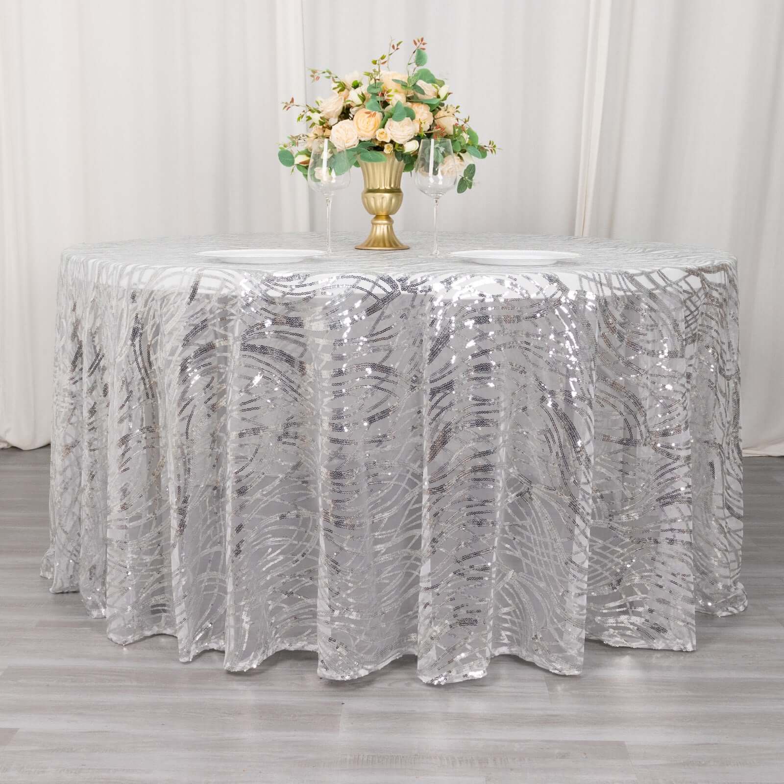 Sequin Mesh 120 Round Tablecloth Silver - Seamless Wave Embroidered Table Cover