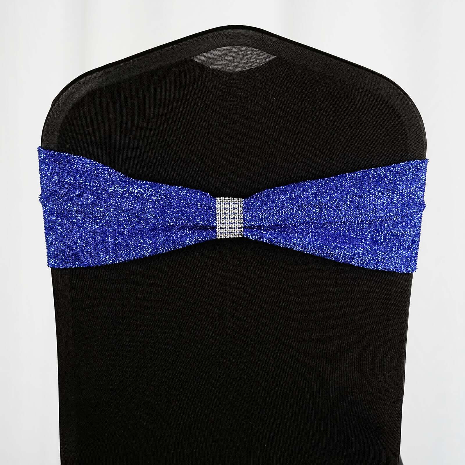 5 Pack Metallic Shimmer Tinsel Spandex Chair Sashes Royal Blue - Durable and Reusable Stretch Chair Bands