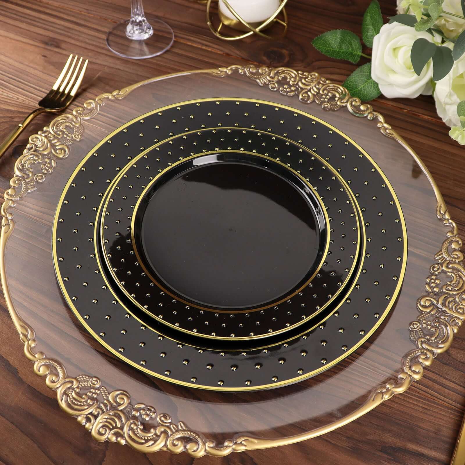 10-Pack Plastic 10 Round Dinner Plates in Black with Gold 3D Polka Dotted Rim - Sturdy Disposable Party Plates for Modern Themed Events & Banquets