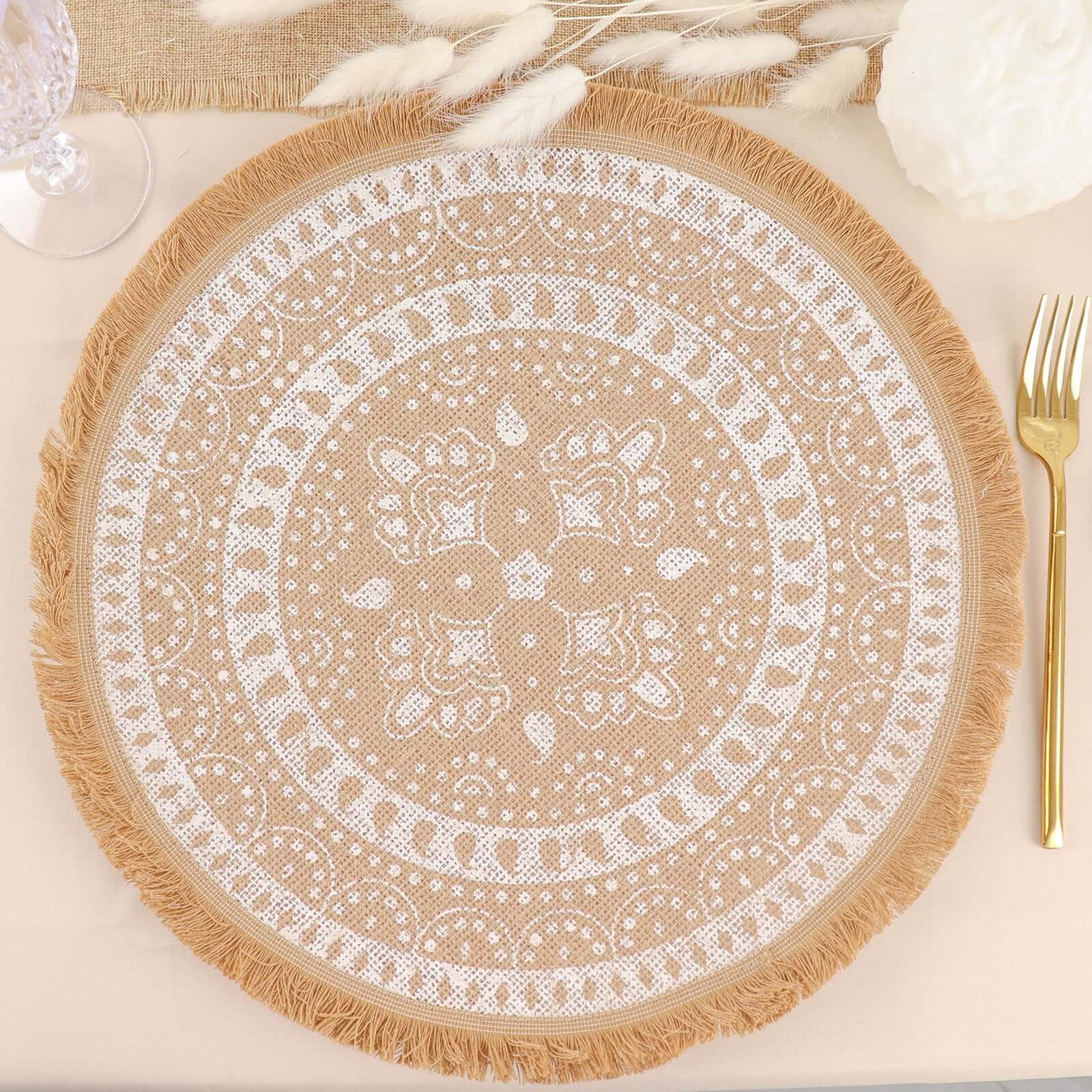 4-Pack Placemats Fringe Print Design Natural Jute and White Round - Rustic Burlap Woven Style 15