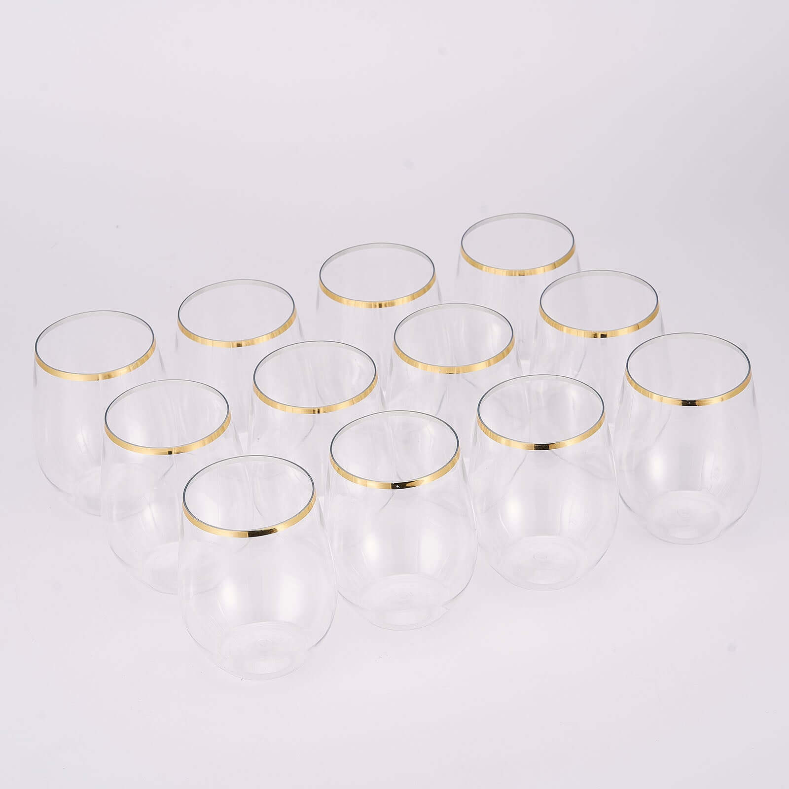 12-Pack Plastic Wine Tumblers Clear with Gold Rim - Reusable Drinkware 12oz