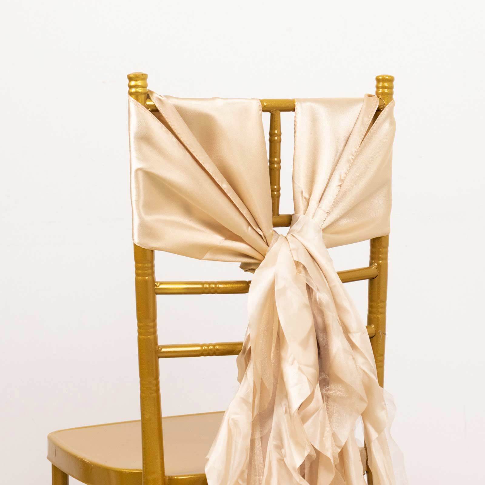 5 Pack Chiffon Satin Chair Sashes Beige - Easy to Install Ruffled Curly Willow