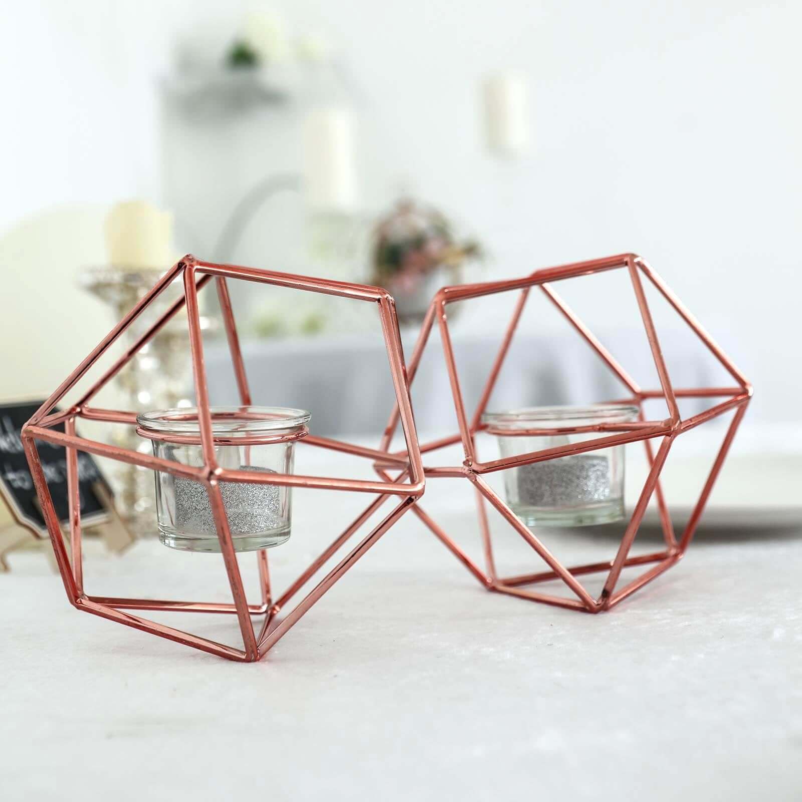 Set of Metal Candle Holders Linked Geometric Design Rose Gold - Modern Table Decor with Votive Glass for Gatherings 11