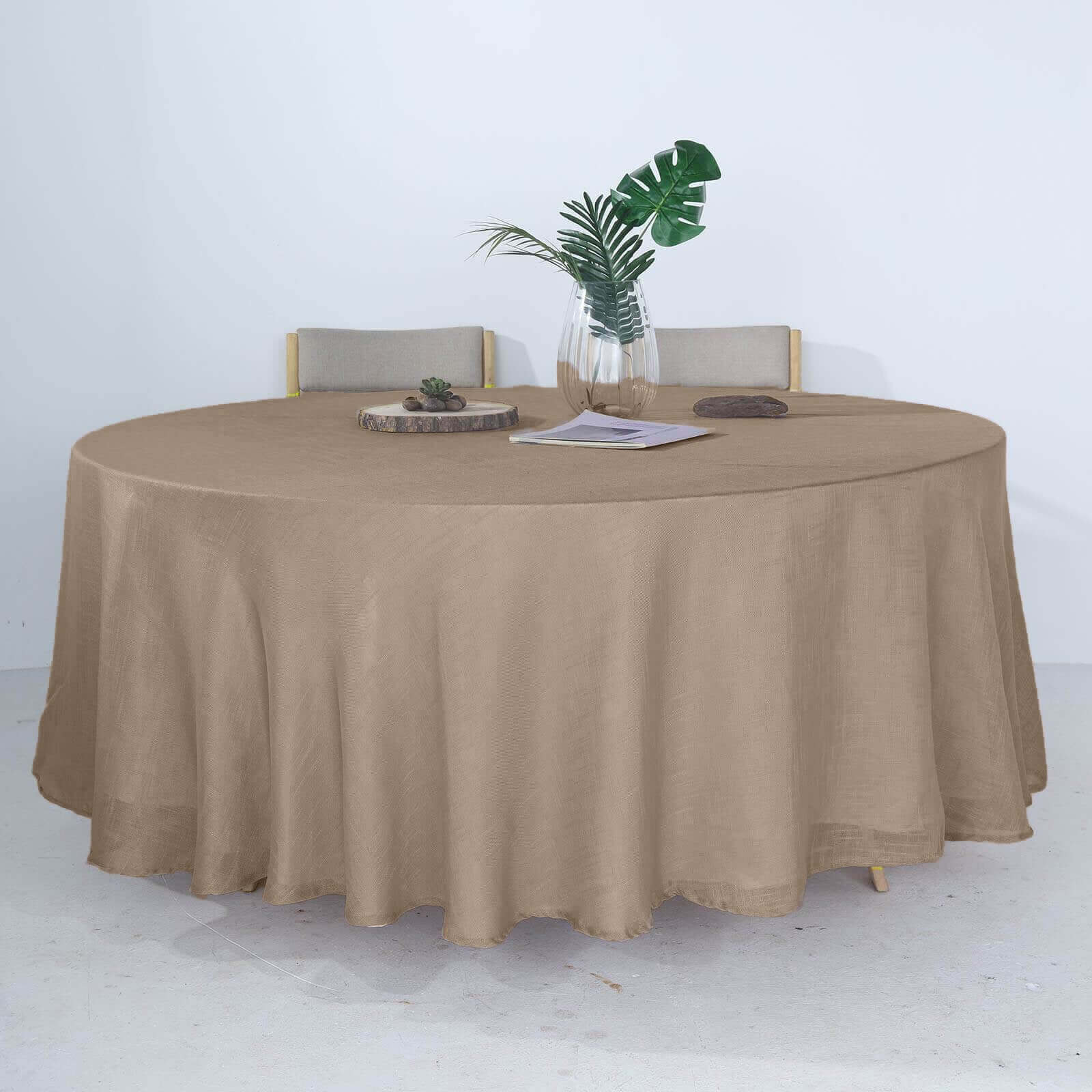 Faux Linen 108 Round Tablecloth Taupe - Slubby Textured & Wrinkle Resistant Table Cover