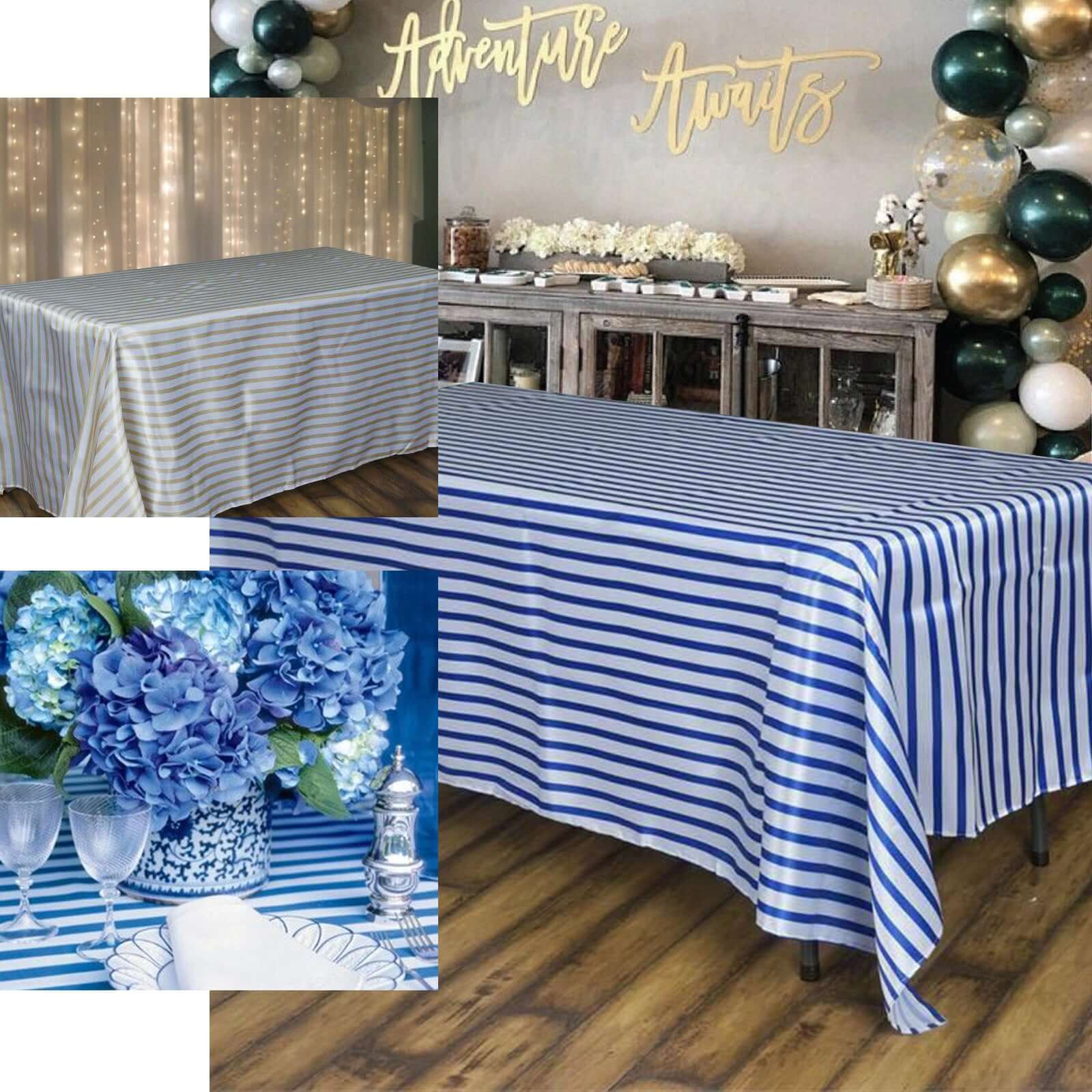 90x156 White Champagne Seamless Stripe Satin Rectangle Tablecloth for 8 Foot Table With Floor-Length Drop