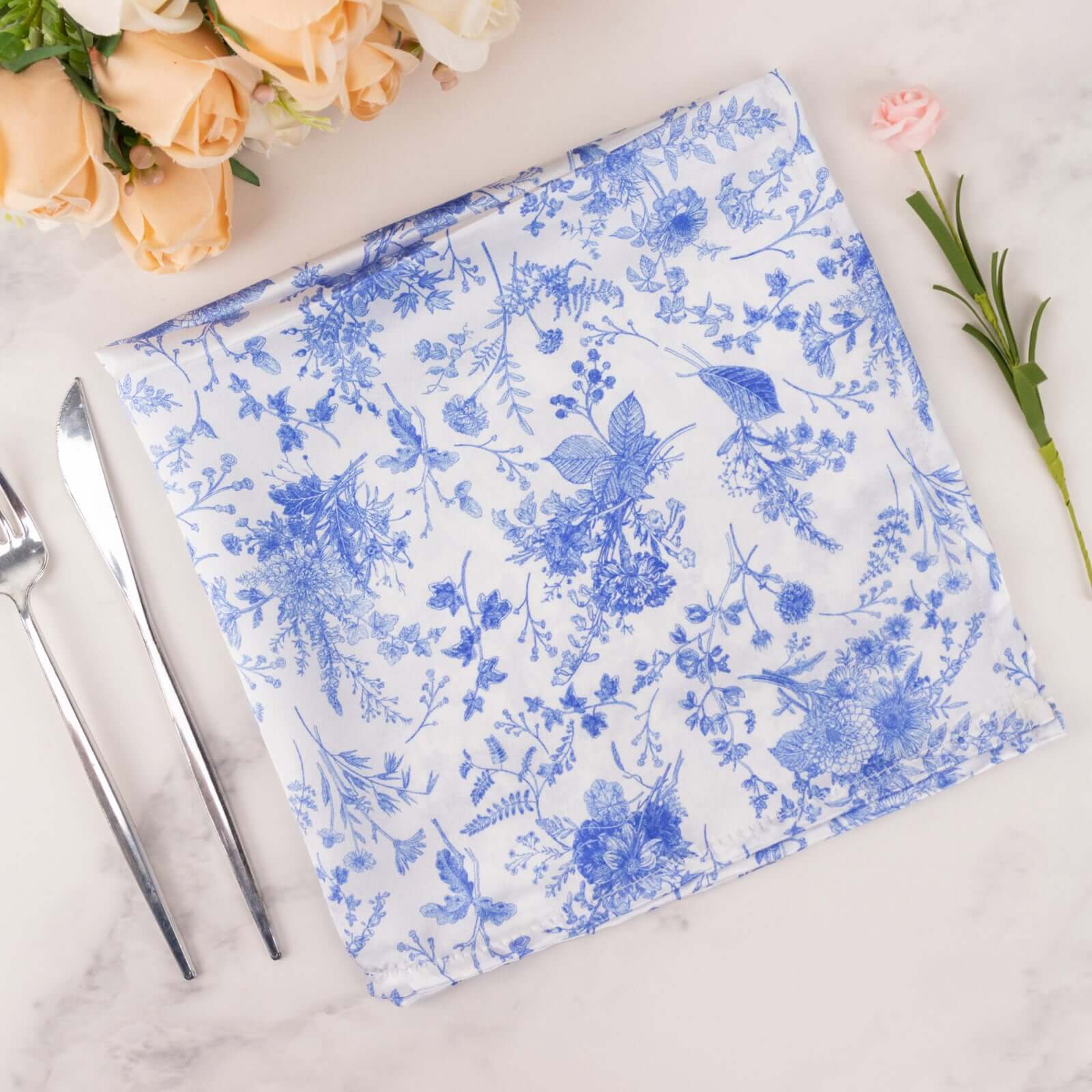 5 Pack Satin 20x20 Napkins White/Blue French Toile Pattern - Classy & Easy to Maintain Cloth Napkins for Weddings & Events