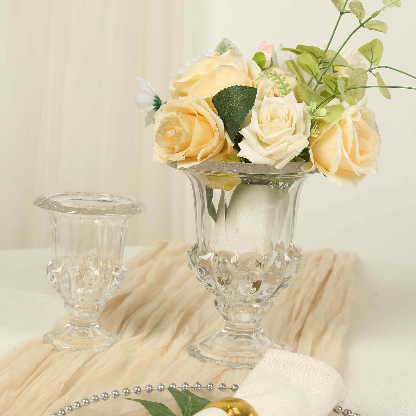 2-Pack Glass Mini Pedestal Flower Vases in Classic Roman Urn Style Clear - Sophisticated Wedding Table Centerpieces 8