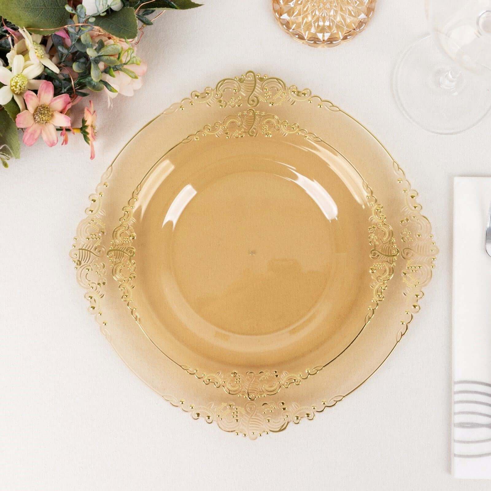 10-Pack Plastic 8 Round Dessert Plates in Transparent Amber Gold with Gold Leaf Embossed Rim - Disposable Vintage Baroque Style Salad Plates