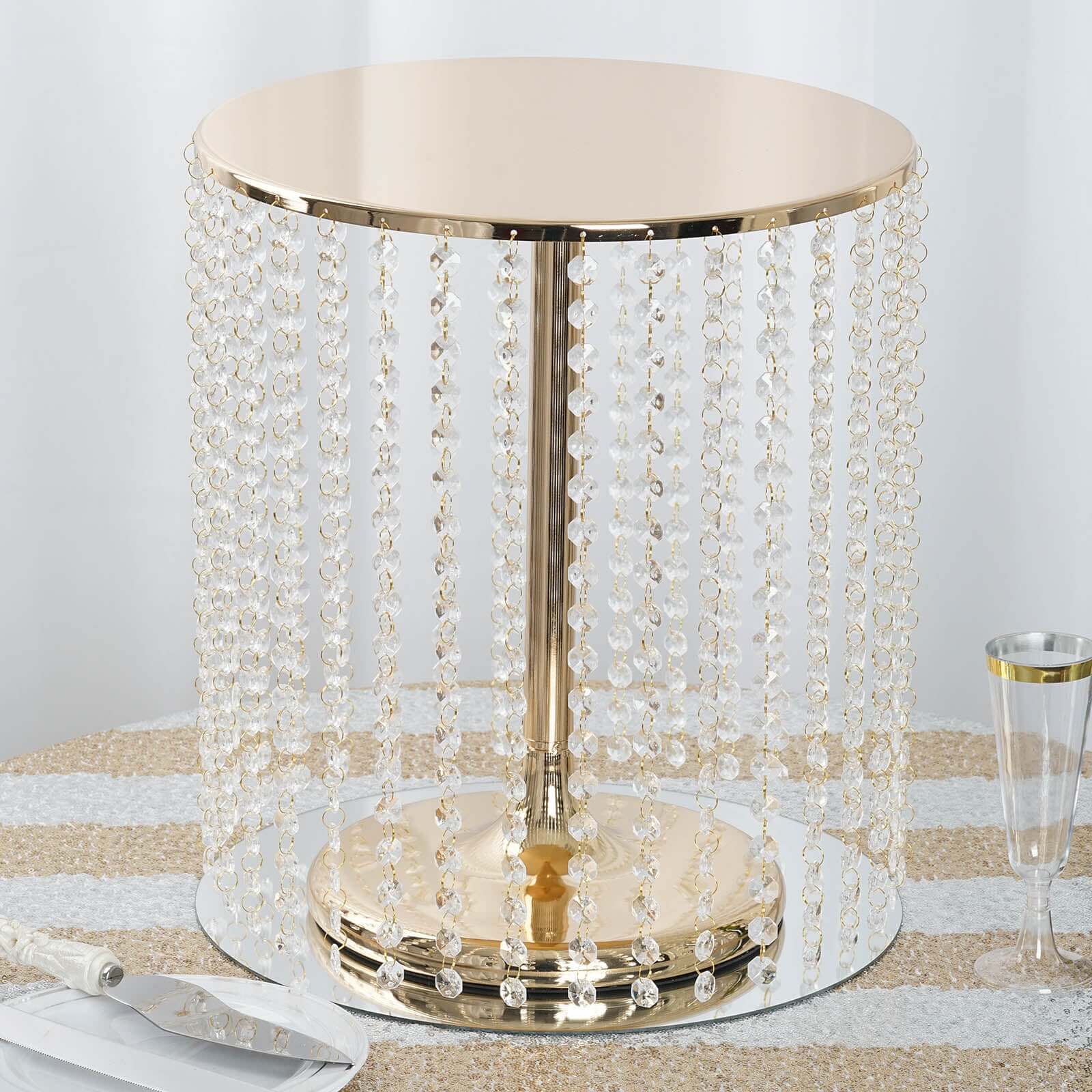 Metal Cake Stand Round Design Metallic Gold with Crystal Chains 14 Dia - Cupcake Dessert Pedestal 16Tall