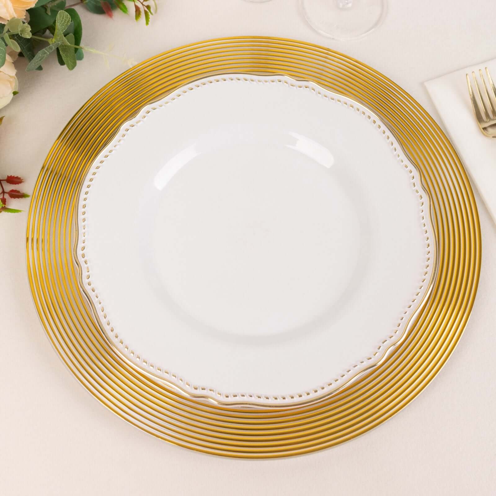 6-Pack Plastic Round Charger Plates 13 in Clear with Gold Lined Ring Rim, Classy Dinner Serving Plates