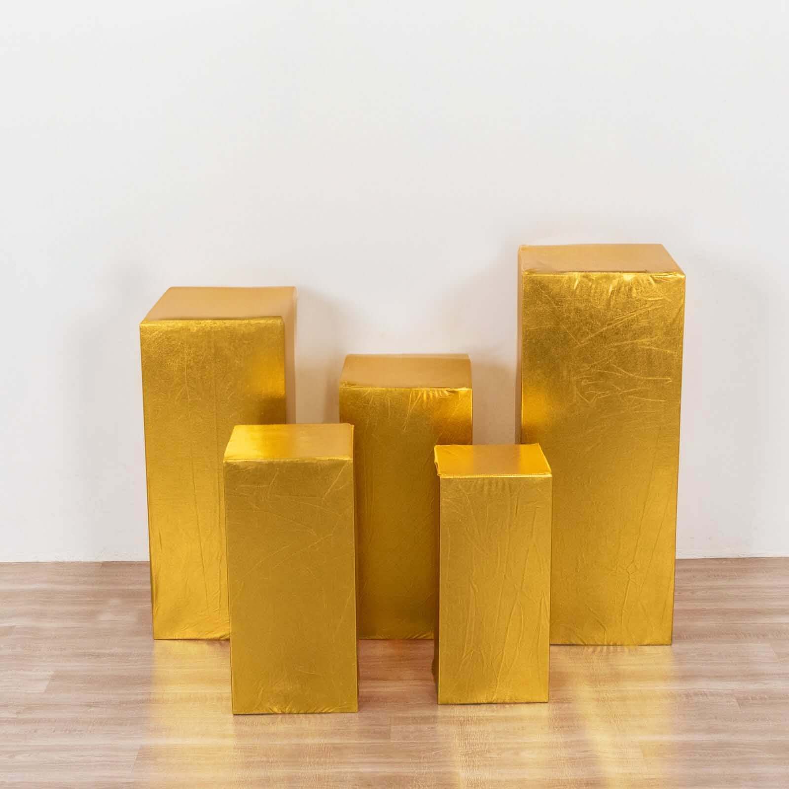 Set of 5 Metallic Gold Spandex Rectangle Pedestal Stand Covers, Stretchable Pillar Prop Covers - 160 GSM