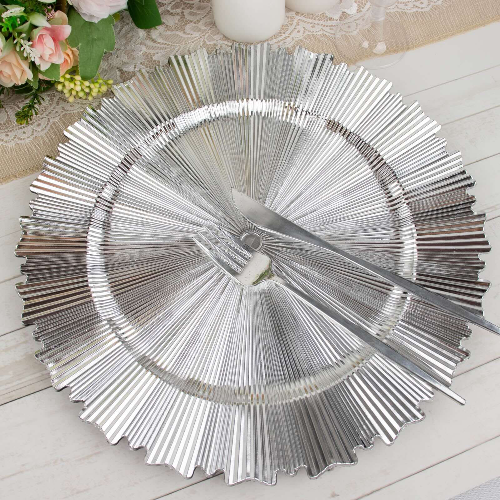 6-Pack Acrylic Plastic Round Charger Plates 13 in Metallic Silver with Sunray Scalloped Rim, Decorative Dinner Party Charger Tableware