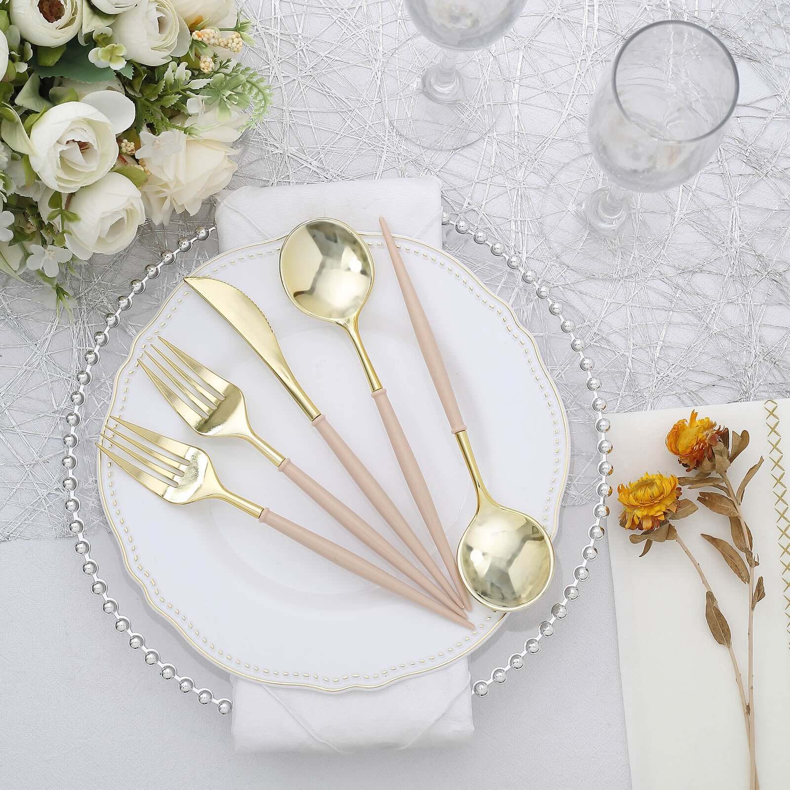 24-Pack Plastic Flatware Set in Metallic Gold with Beige Handle - Heavy Duty Disposable Modern Silverware 8