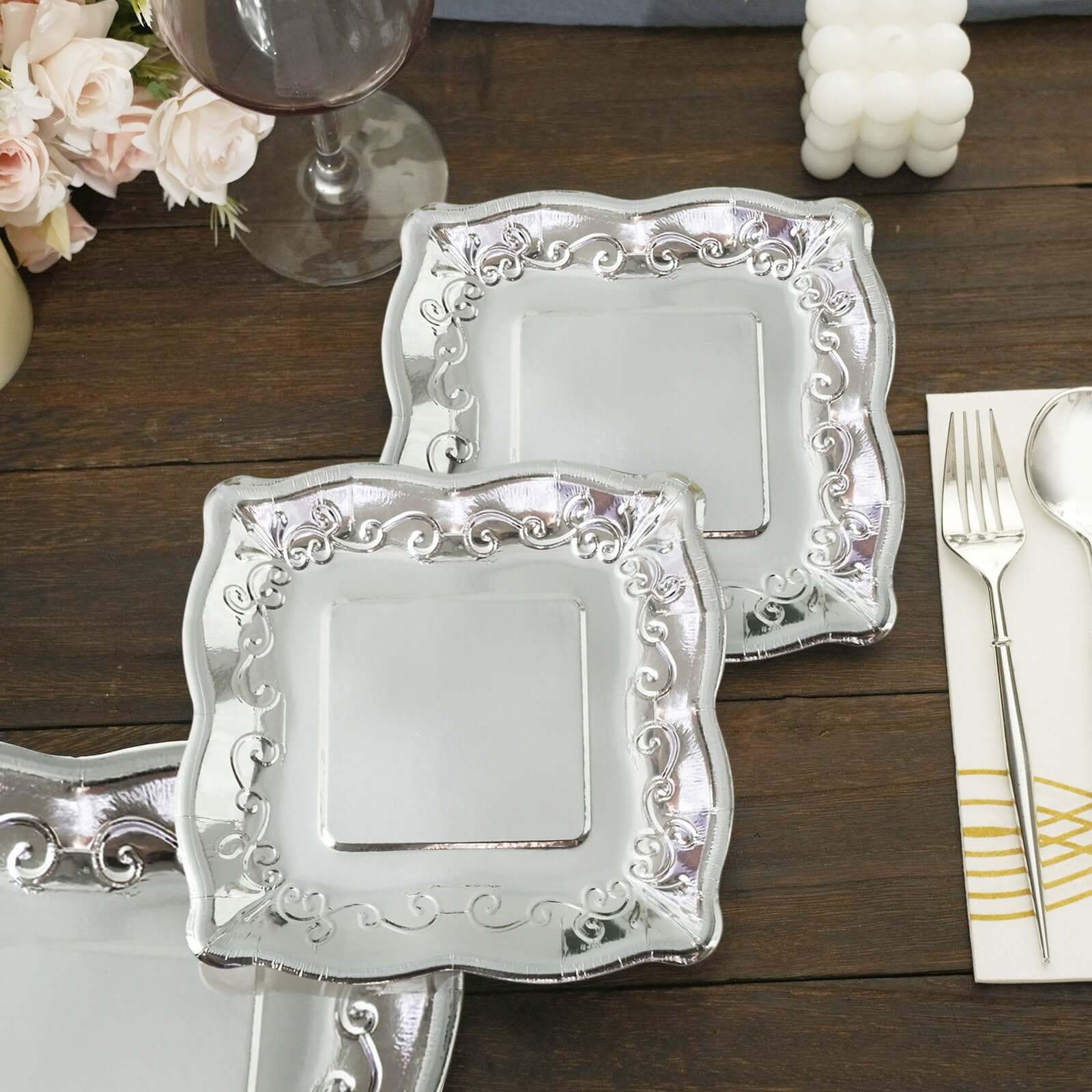 25-Pack Paper 7 Square Dessert Plates in Silver with Vintage Pottery Embossed Design - Shiny Metallic Disposable Appetizer Plates