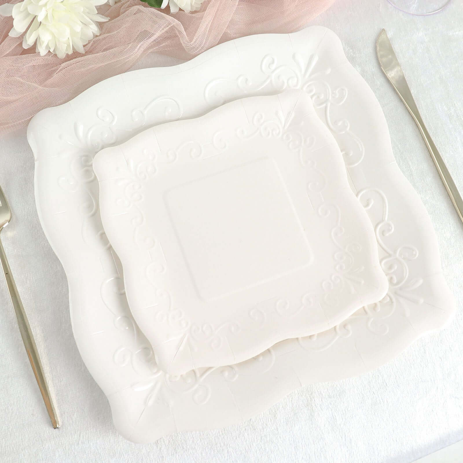 25-Pack Paper 7 Square Dessert Plates in White with Vintage Pottery Embossed Design - Shiny Disposable Appetizer Plates