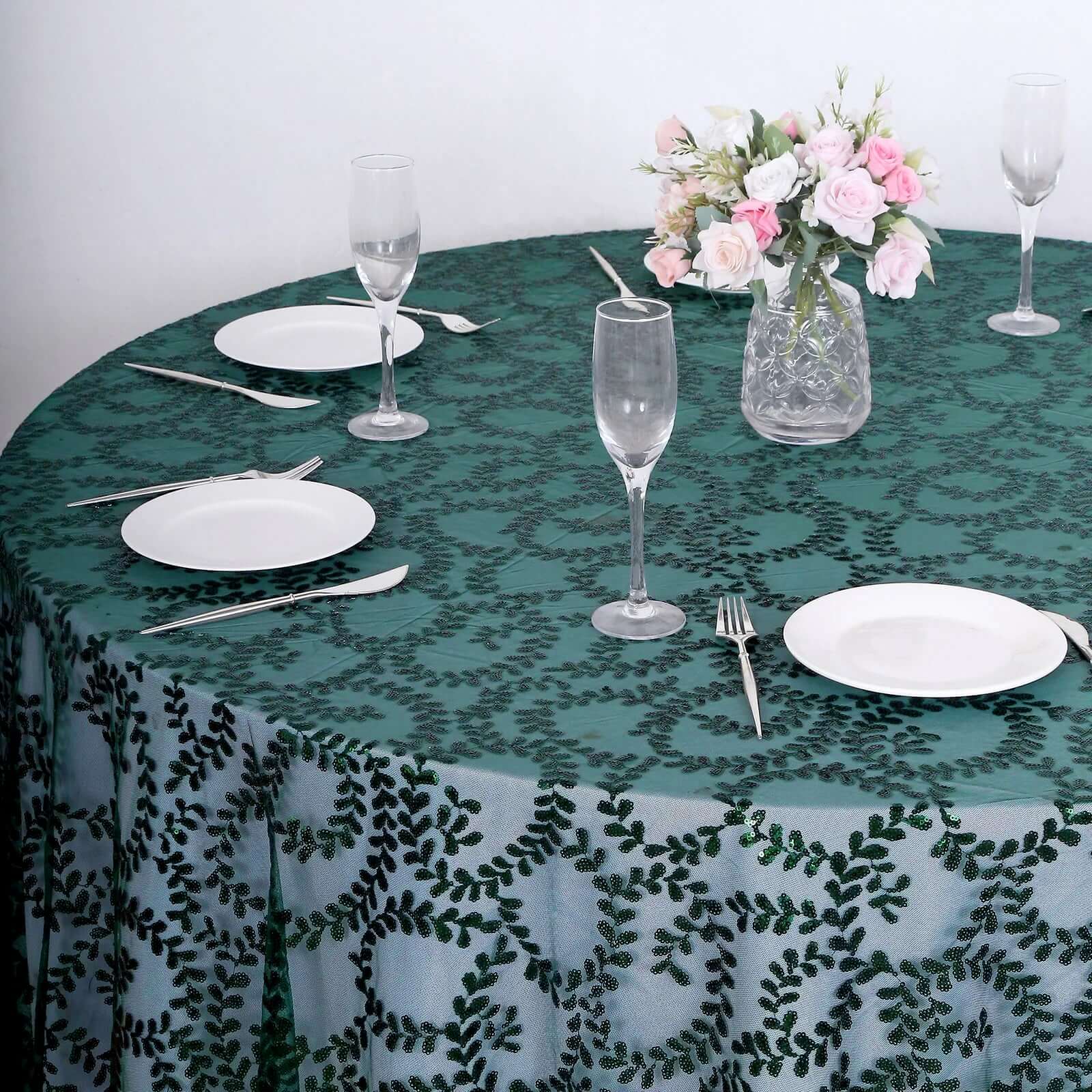 Tulle 120 Round Tablecloth Hunter Emerald Green - Seamless Sequin Leaf Embroidered Table Cover