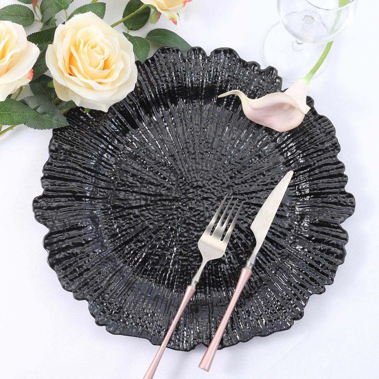 6-Pack Acrylic Plastic Round Charger Plates 13 in Black with Reef Design, Dinner Charger Tableware