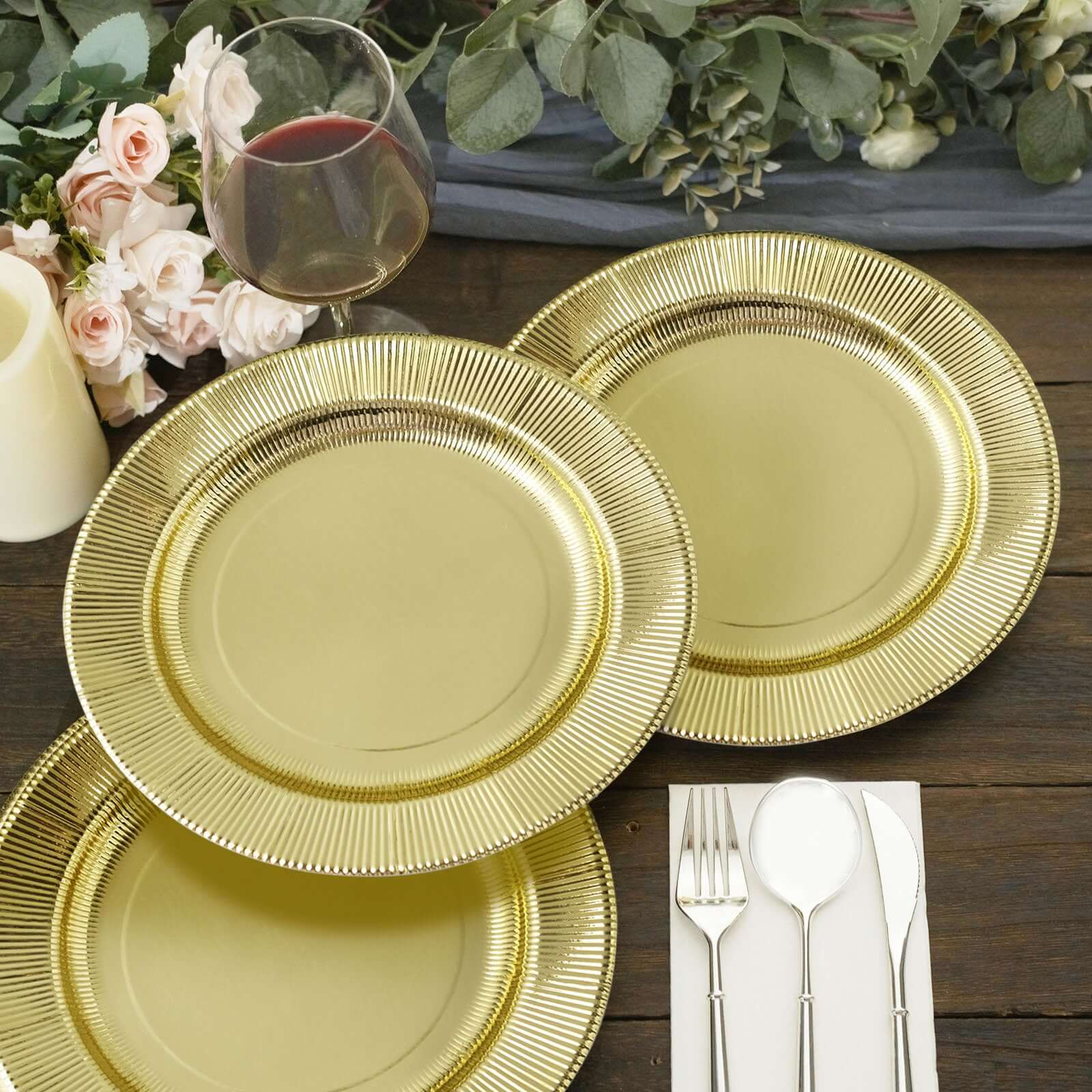 25-Pack Paper 8 Round Dessert Plates in Metallic Gold Sunray Design - Disposable Heavy Duty 350GSM Appetizer Salad Plates