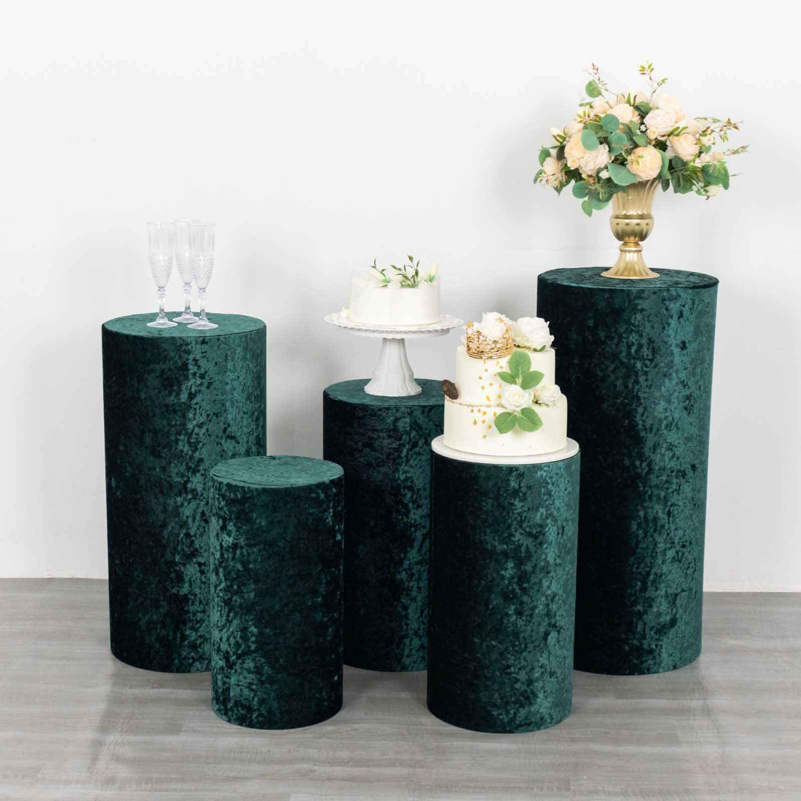 Set of 5 Hunter Emerald Green Crushed Velvet Cylinder Pedestal Stand Covers, Premium Pillar Prop Covers