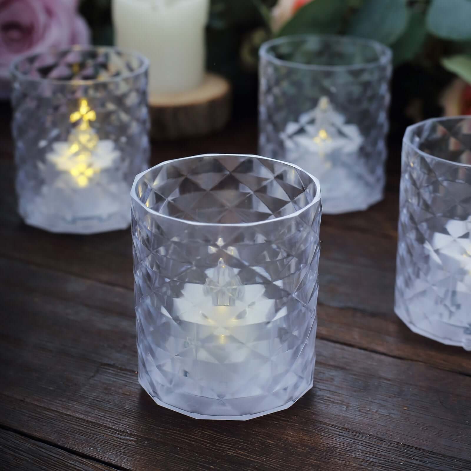 12-Pack LED Tealight Candle Holders Whiskey Glass Design Clear - Warm White Battery Operated Lights 3