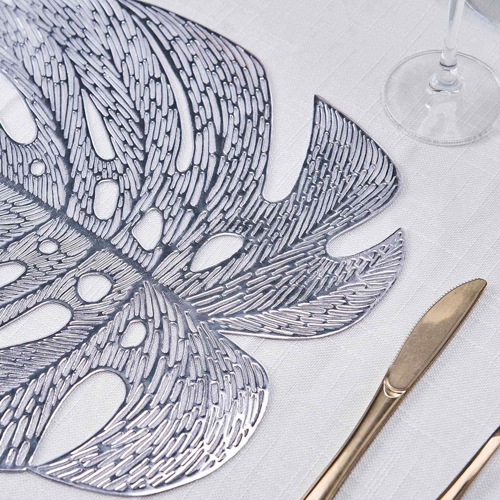 6-Pack Dining Table Mats Monstera Leaf Design Silver - Vinyl Non-Slip Surface for Tropical Themes 18