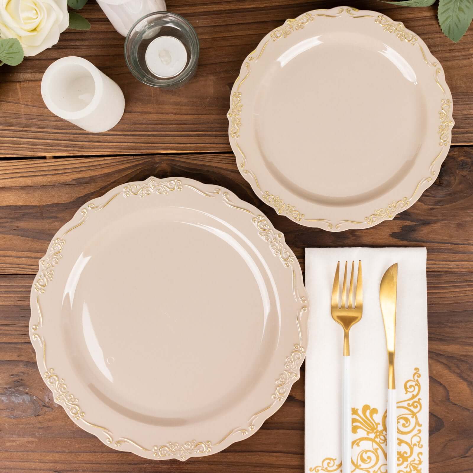 10-Pack Plastic 7 Round Dessert Plates in Taupe with Gold Vintage Embossed Rim - Sturdy Disposable Scalloped Edge Salad Plates