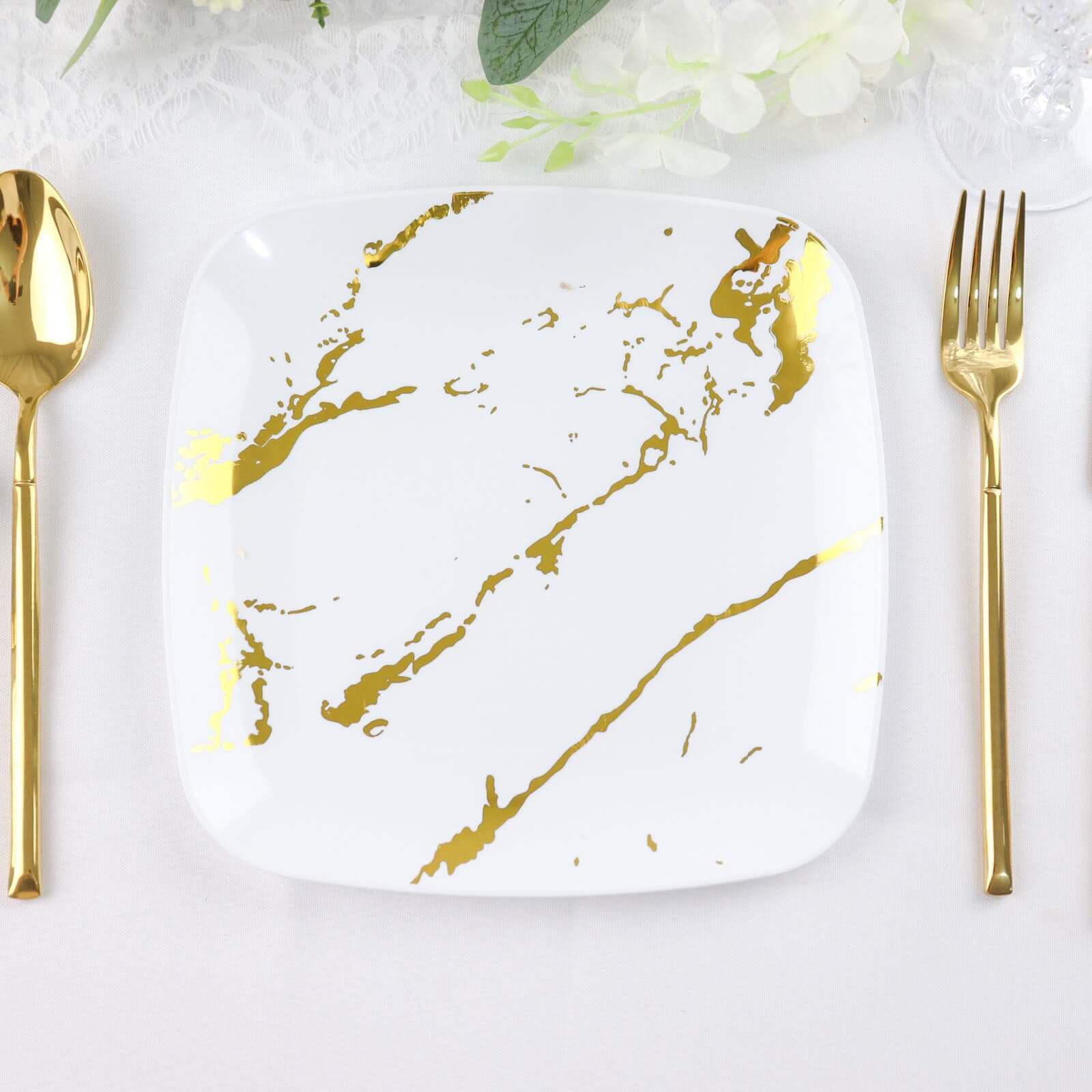 10-Pack Plastic 8 Square Dessert Plates in White with Gold Marble Design - Disposable Appetizer Salad Party Plates for Weddings, Banquets & Special Events