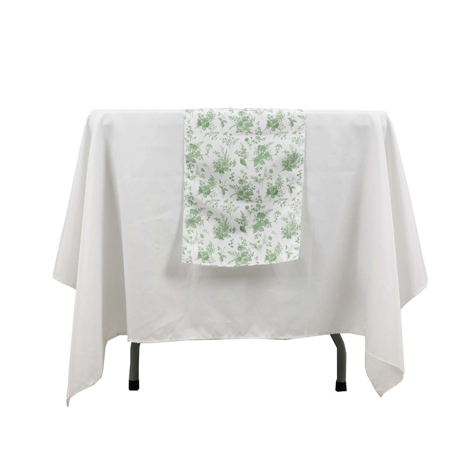 Polyester 12x108 Table Runner Dusty Sage Green French Toile Floral Print - Upscale Dining Table Decor