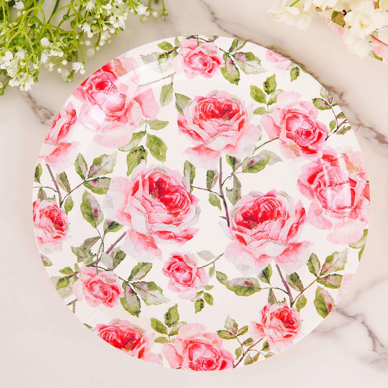 25 Pack Rose 9 Flower Bouquet Design Premium Dinner Paper Plates - 300 GSM