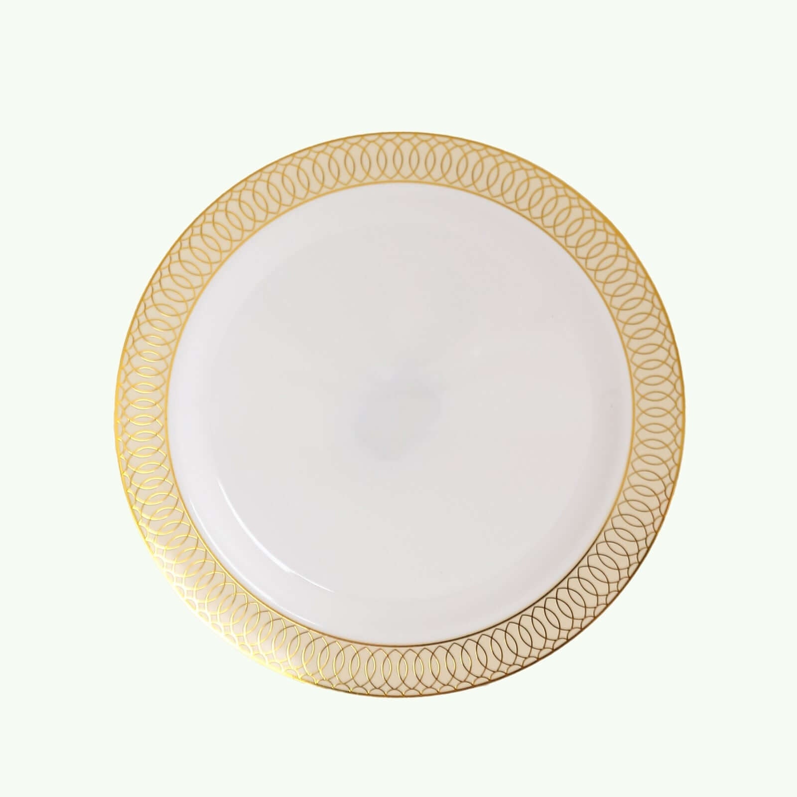 10-Pack Plastic Round Dessert Plates 7 White with Beige Gold Spiral Rim - Disposable Salad Plates